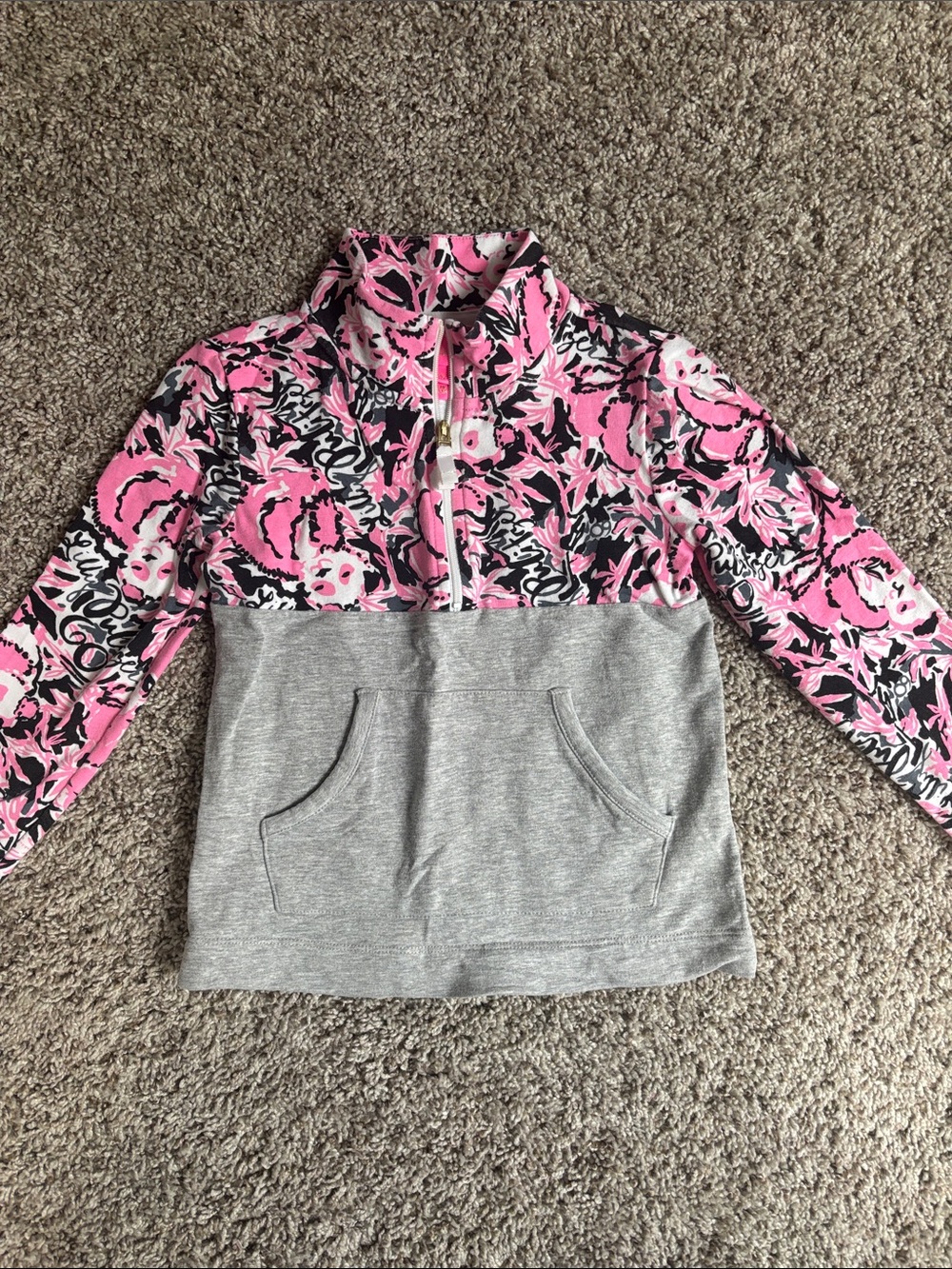 Lilly Pulitzer Pink Floral Half-Zip Pullover with Gray Front Pocket